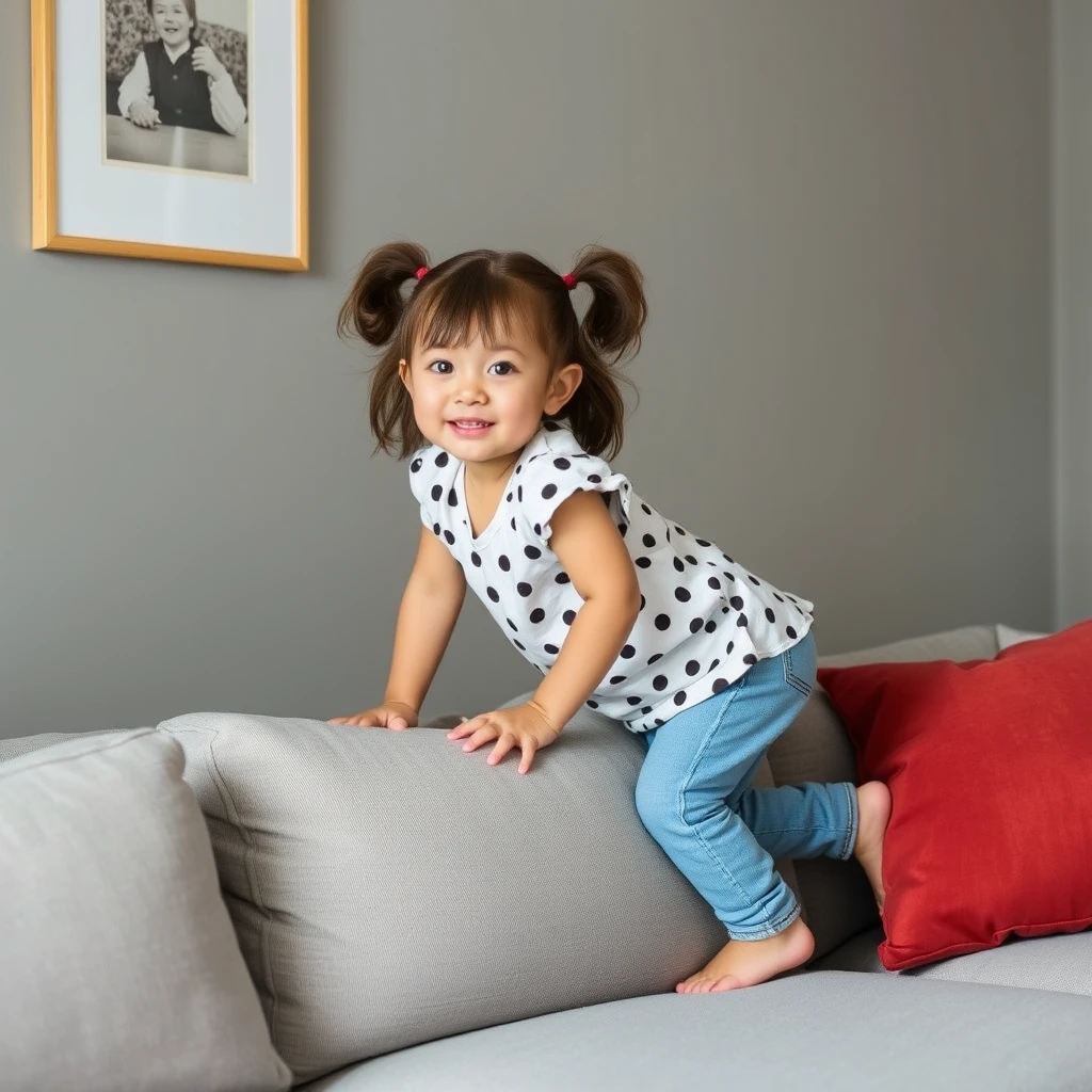 A little girl is climbing on the sofa