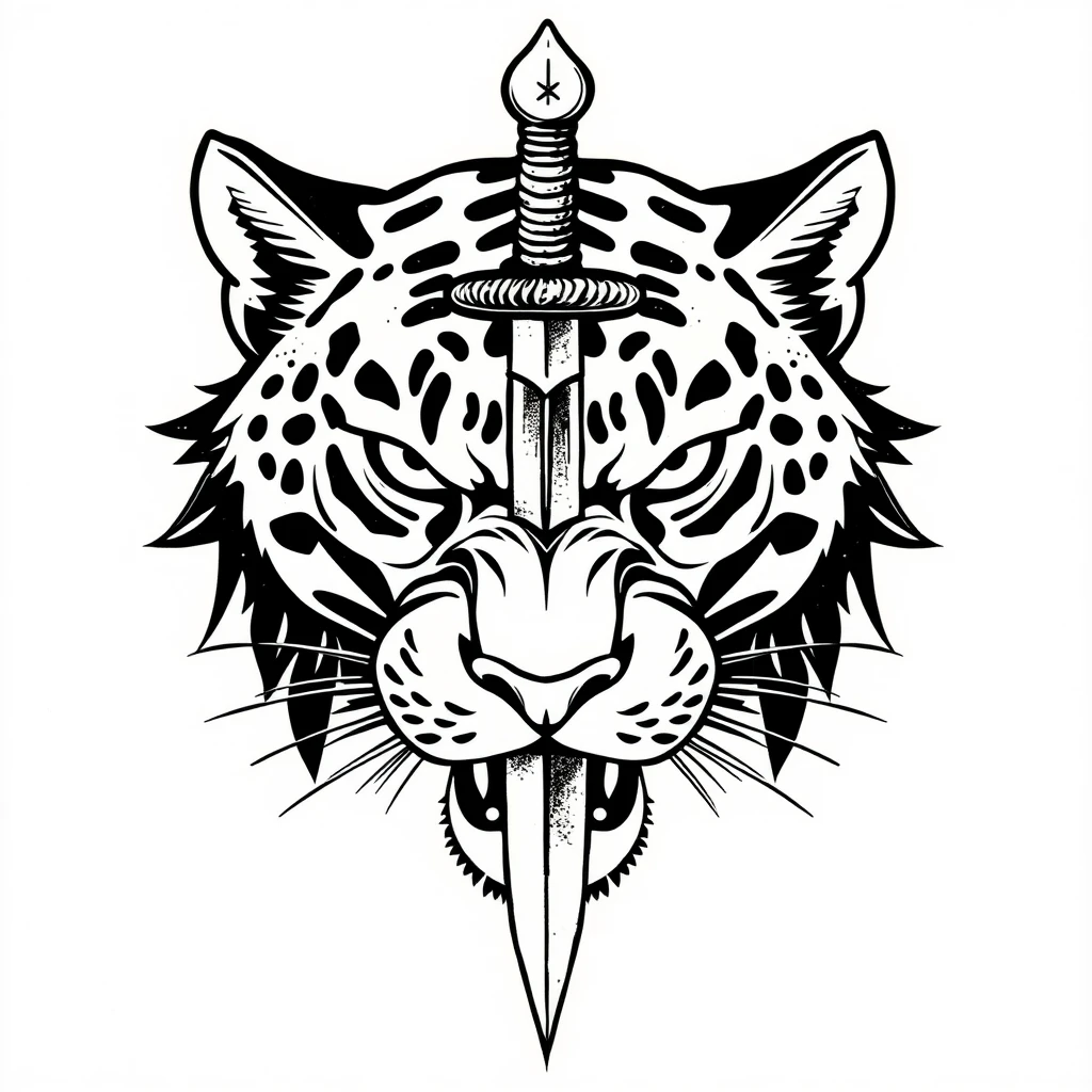 Panther head with dagger through tattoo style - Image