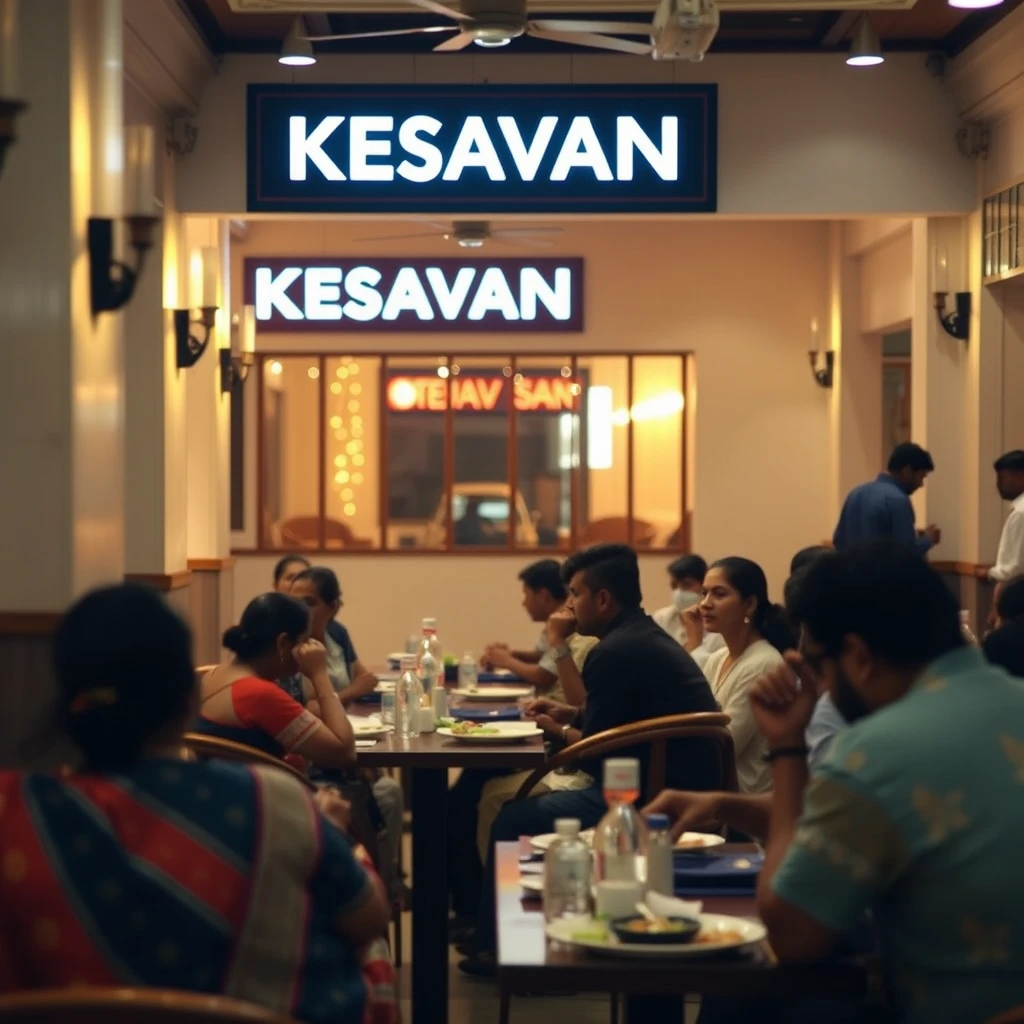 Scenery of Indian people eating at a minimalist traditional aesthetic Chettinad interior Indian restaurant with signage reading "KESAVAN," bokeh, golden hour, white and dark blue and maroon theme colors. - Image