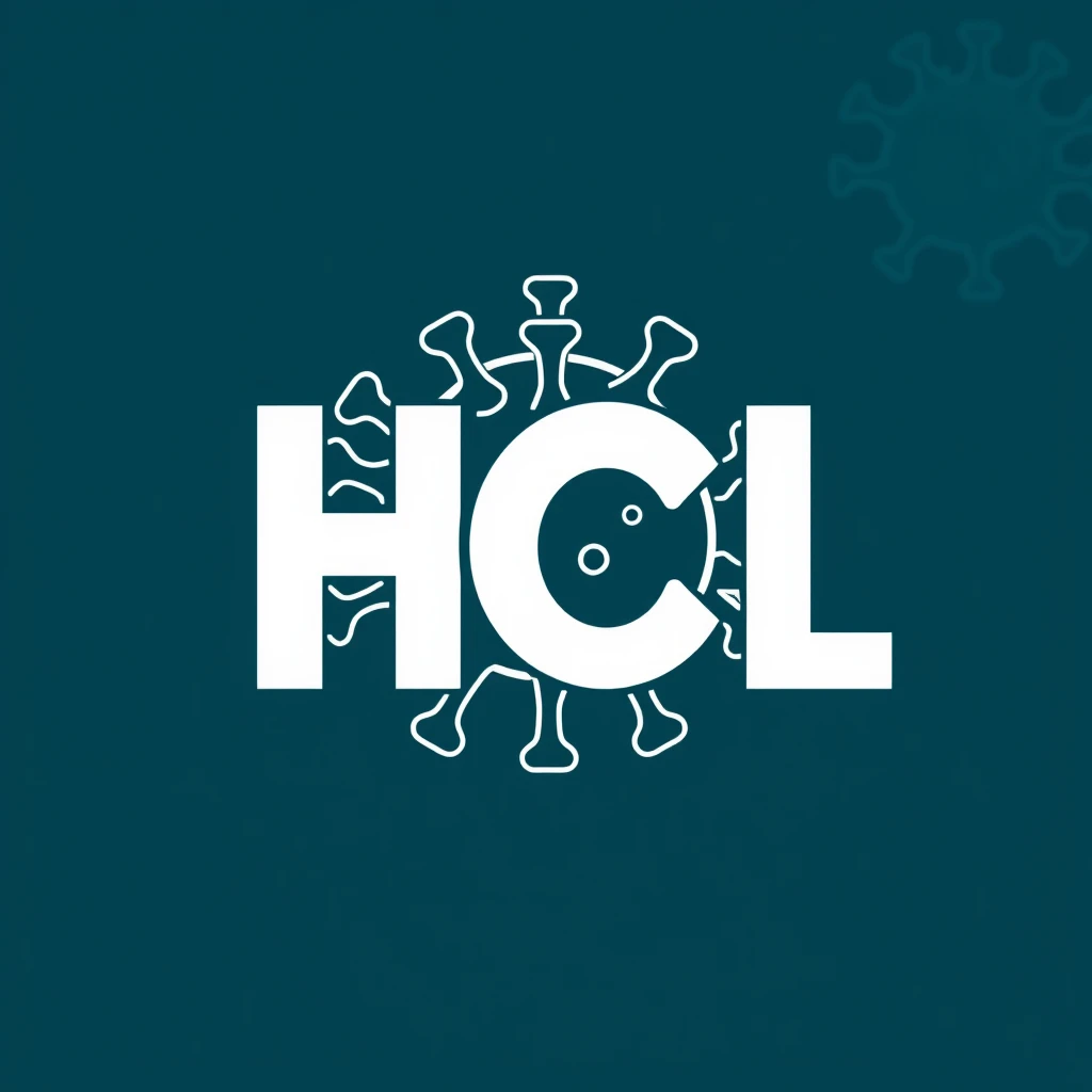 Logo for a microbiological science lab that includes the letters "HCL," turning the C into a virus and the L into a cure.