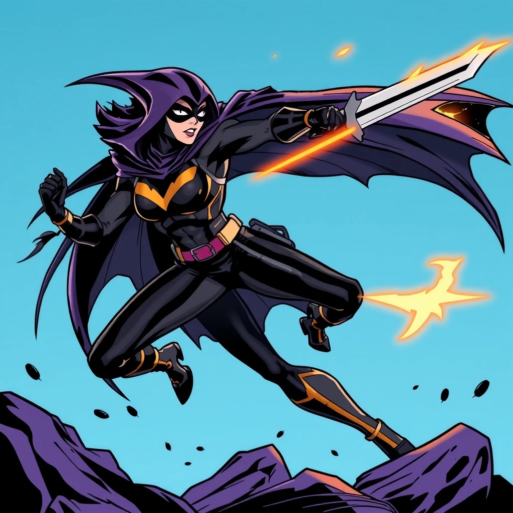 Raven from Teen Titans, comics style, fighting Deathstroke. - Image