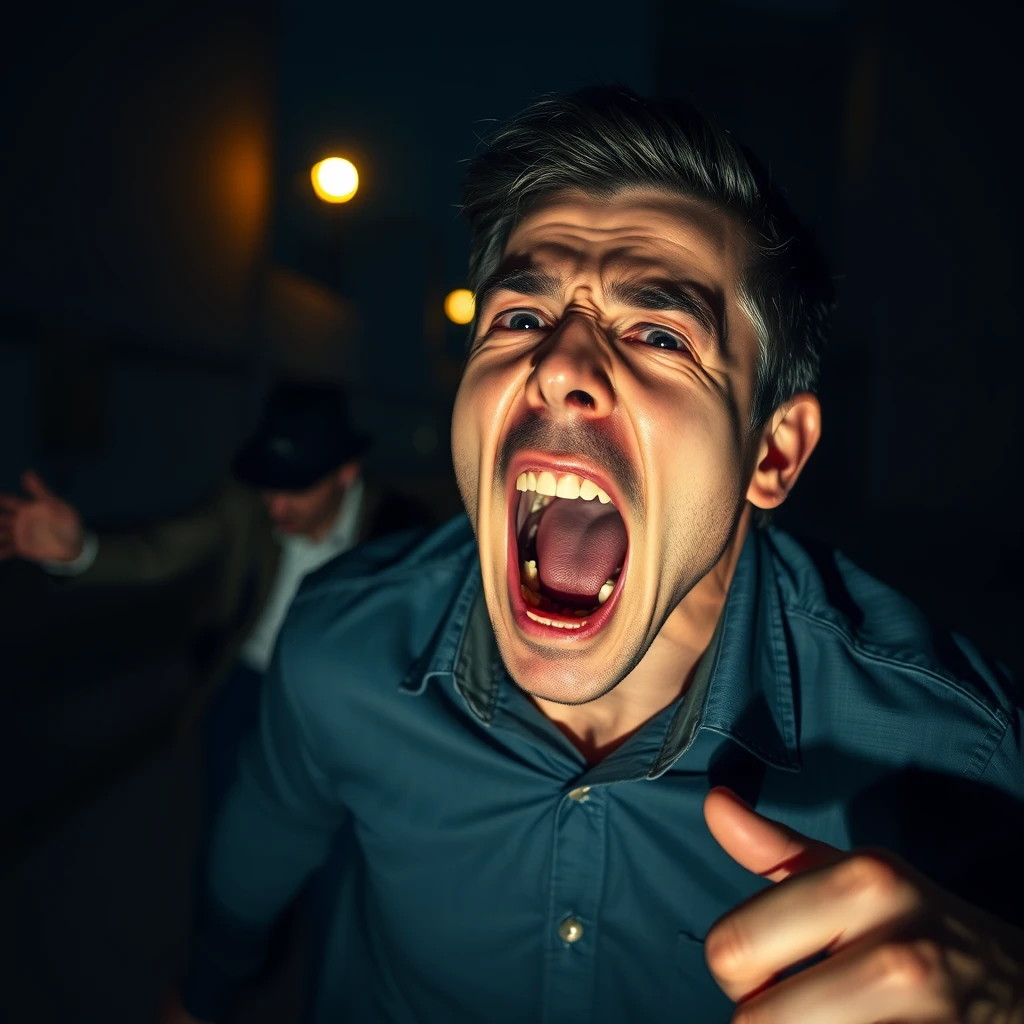 A man screaming, terrified, trying to escape a criminal chasing him, in the middle of the night.