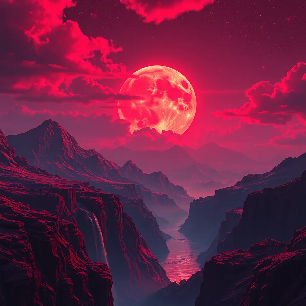 Crimson Large Full Moon in the Distance on a Crimson Planet. Crimson Mountains. Ruby Waterfalls. Everything is Scarlet. Crimson Red Sparkling Stars. Crimson Clouds. Crimson sky. Highly detailed, cinematic lighting, ultra realistic, Crimson landscape.