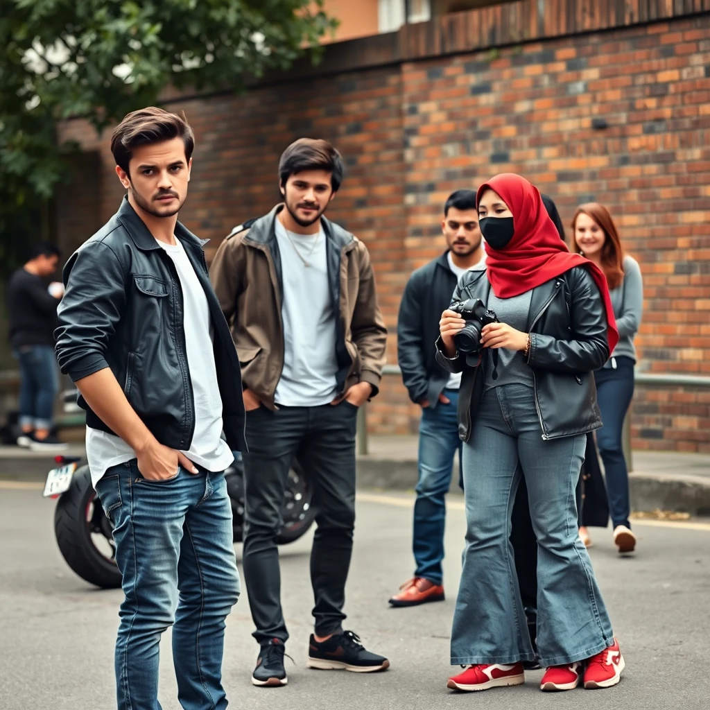 Jamie Dornan and Freddie Prinze, head and body shot, handsome, young, serious face, dark brown hair, white T-shirt, collage jacket, skinny jeans, sneakers, standing, discussing with two guys and a slim Muslim girl in a short red hijab, beautiful eyes, black face mask, black leather jacket, grey long T-shirt, bell-bottom jeans, red sneakers, holding a Canon DSLR camera, near a town road with a superbike, hyper-realistic, street photography, brick wall, full-body photo, with five other random smiling friends in the back.