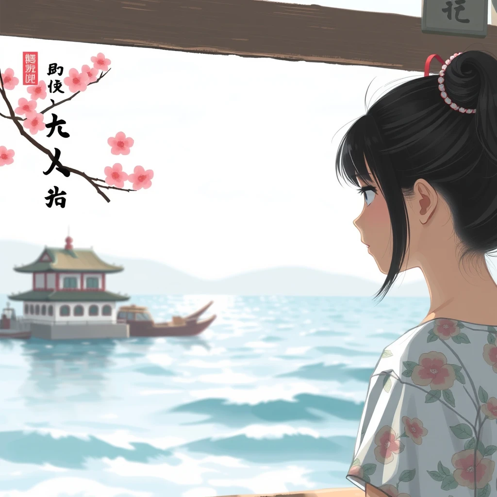 A girl by the sea sees many Chinese characters. - Image