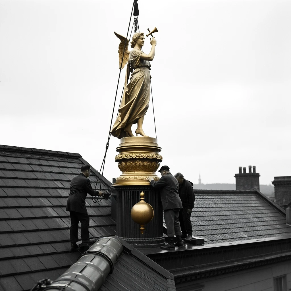 A highly detailed photograph depicting some men removing an 8' tall gilt statue of 'Victory' holding an angel horn, standing on a small ball, from the roof of The 'Theatre Royal' in Chatham, 1940. It's raining and a dark and dismal day.