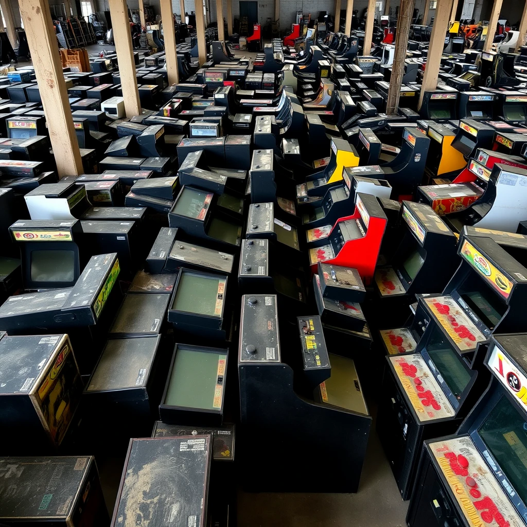 Photograph of an old warehouse with rows and rows of old arcade machines. The machines are packed in. All standup style machines and colors of machines. Some taken apart with wires. Dust on the machines. Many of the machines are black, but some are other colors. They have control panels with joysticks and buttons. The photo is taken from above, at an angle, looking down. - Image