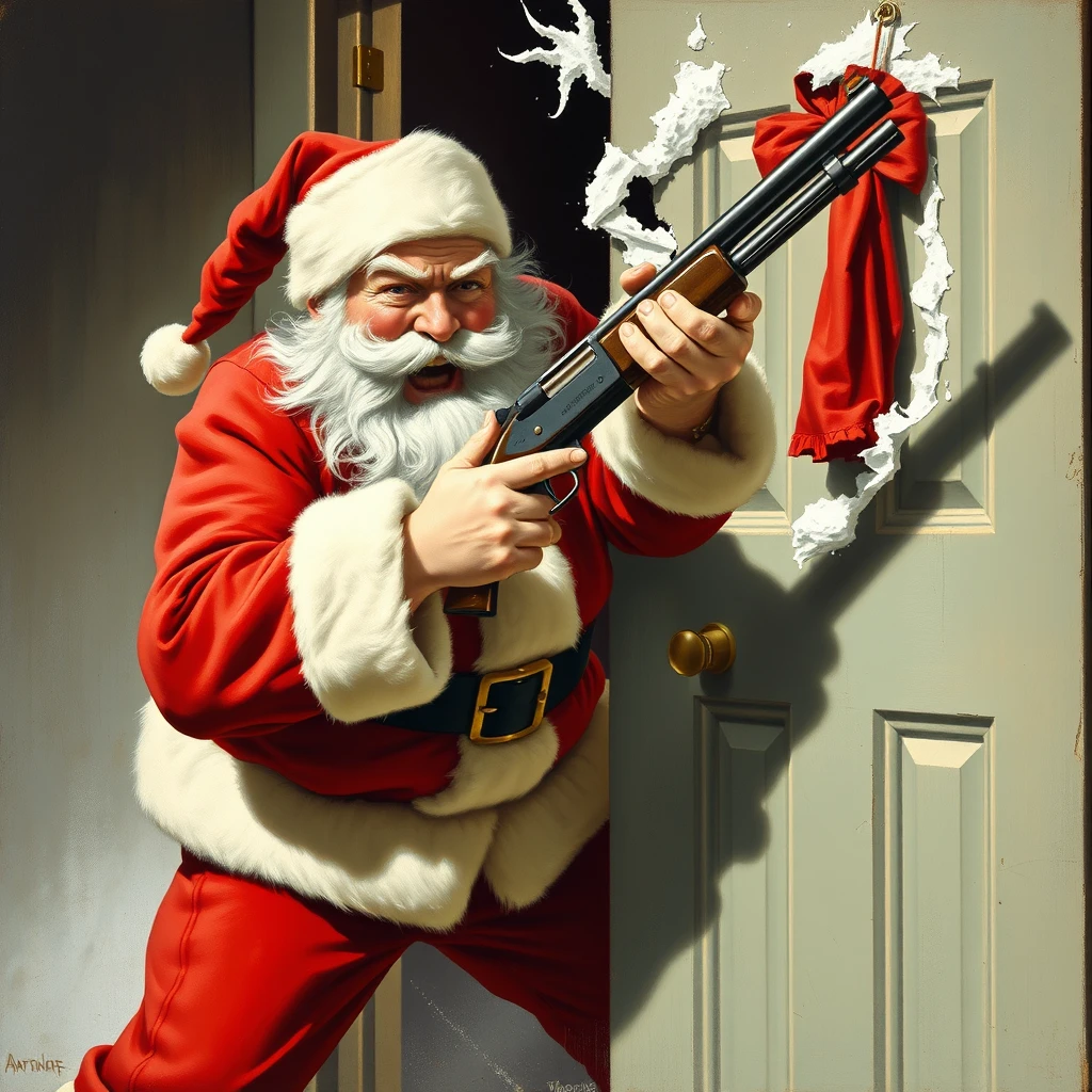 Santa furiously kicks in a door, while wielding his sawed-off shotgun, as painted by Arthur Sarnoff 1952.