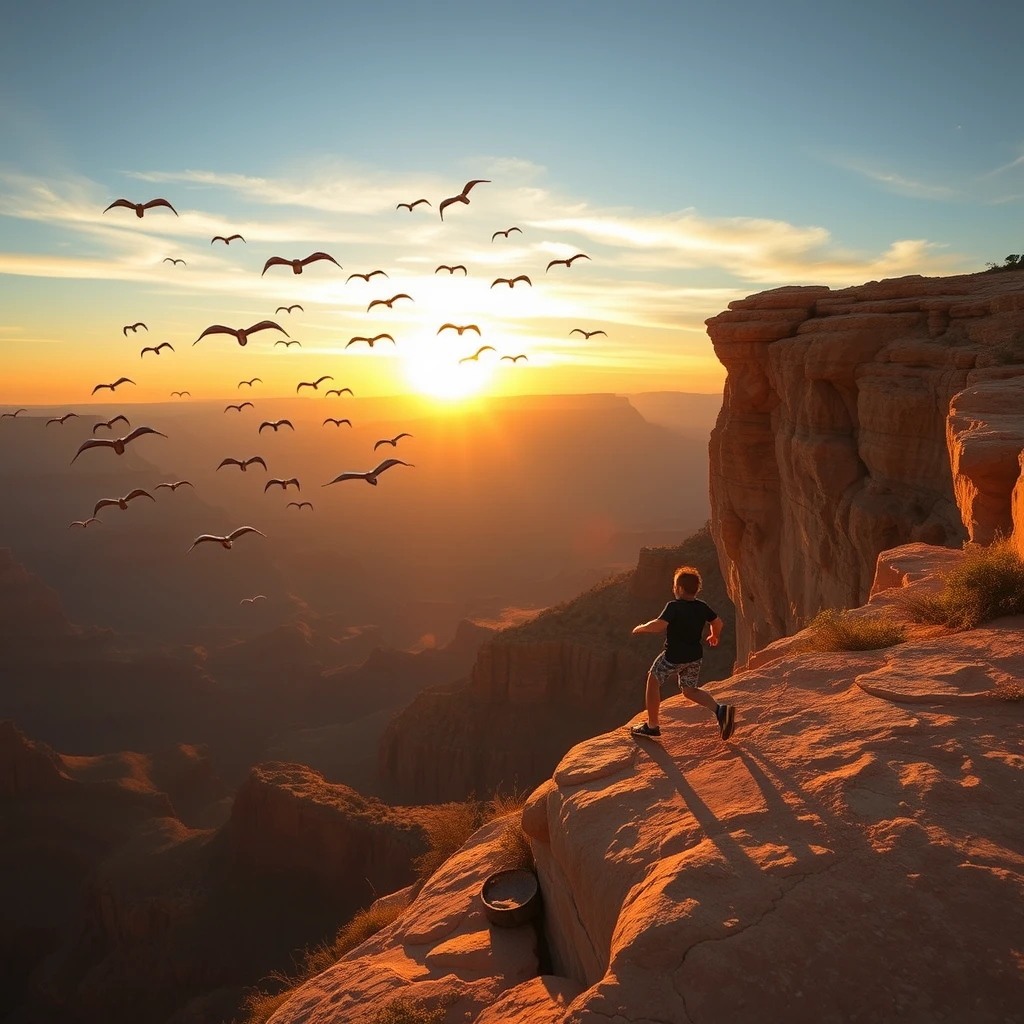 Kids playing soccer on a cliff overlooking the Grand Canyon with hundreds of snakes flying towards the sunset.