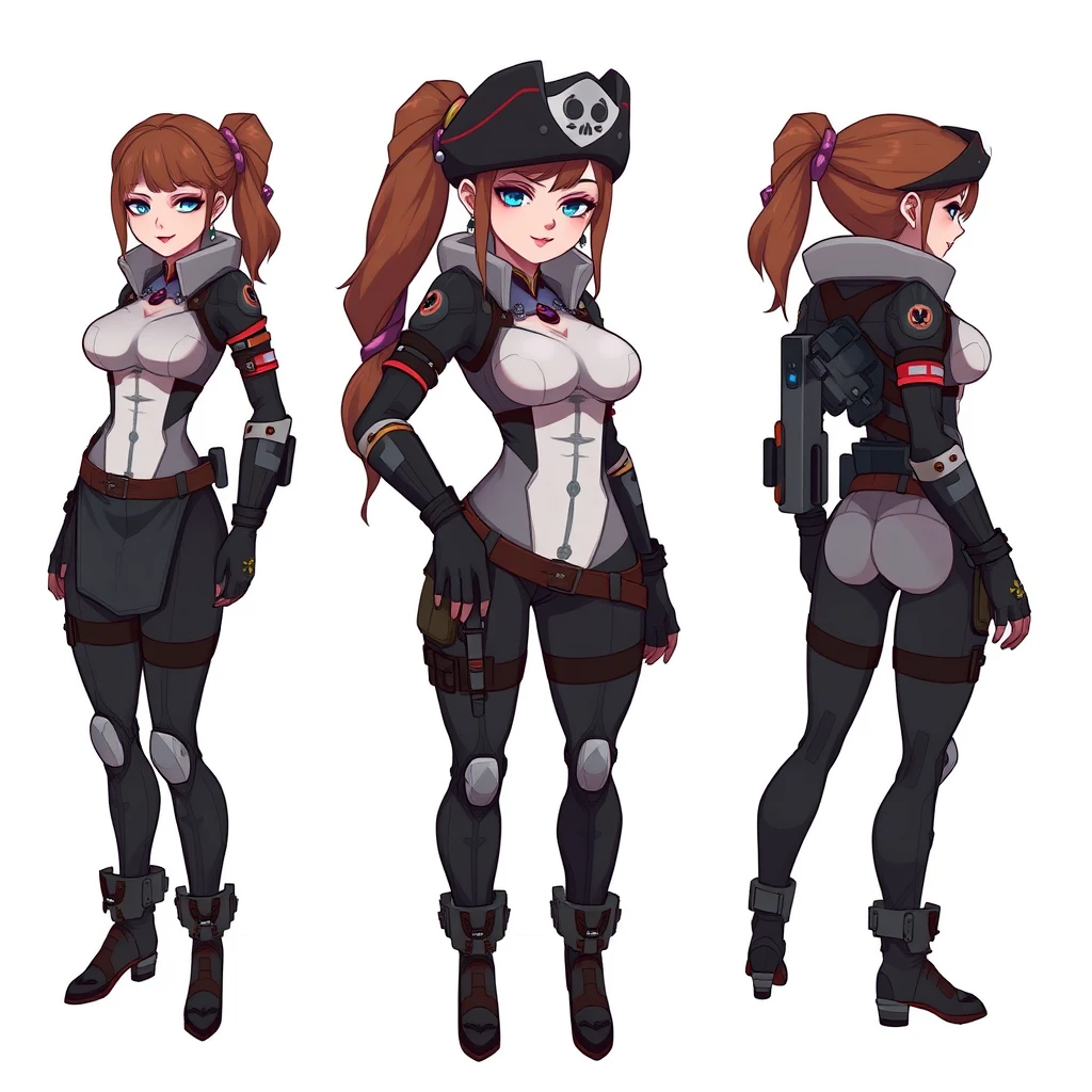 voxel art, character sheet, front-view, side-view, Beautiful space bodysuit, Beautiful space female pirate, Illustrations - Image