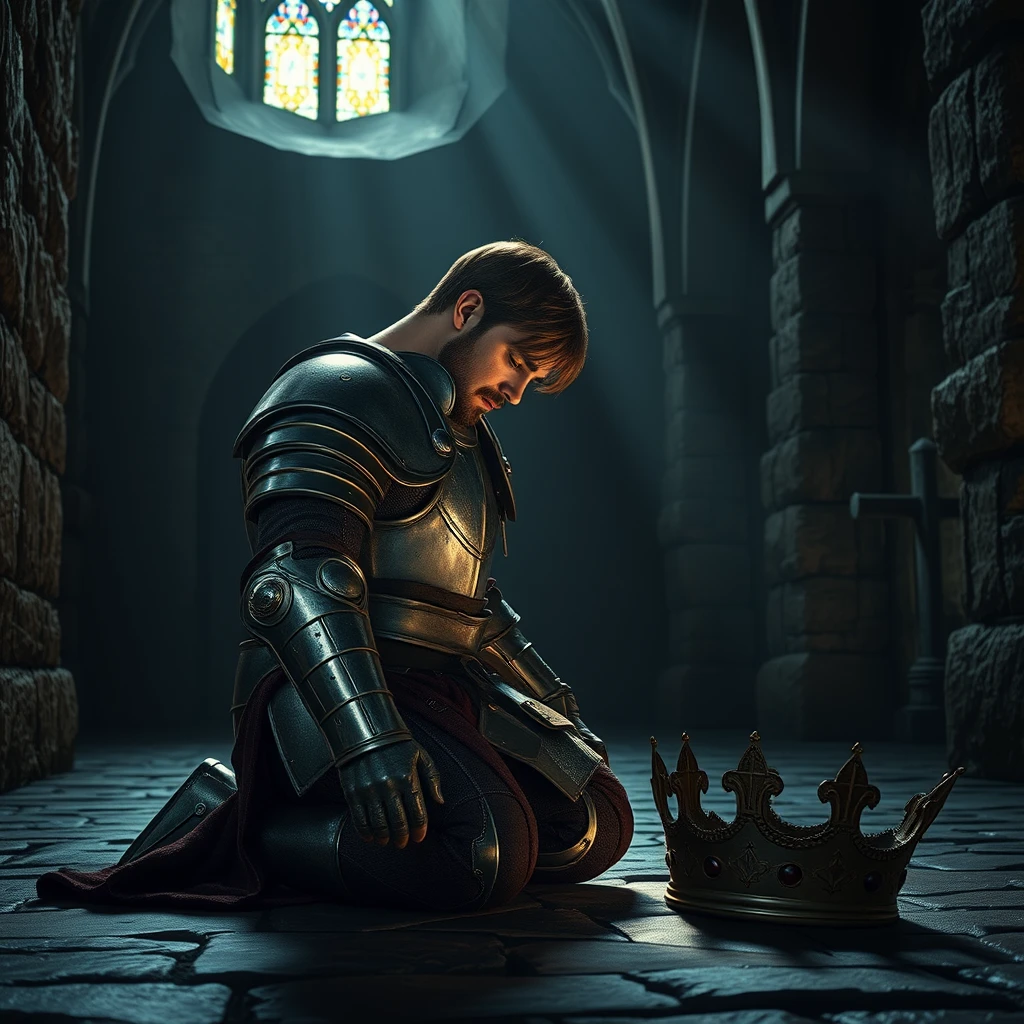 [Scene] This professional photograph, rich in texture and detail, captures a moment of quiet devotion in a dimly lit medieval chapel. The cool stone walls and arched ceilings create a sense of solemn grandeur, the only light emanating from a stained-glass window, casting colorful shards of light across the scene.  
[Character] A handsome, powerfully built king, clad in full plate armor, kneels humbly on the cold stone floor, his head bowed low in prayer. The weight of his armor and the crown resting beside him speak to his earthly power, yet his posture conveys a deep humility and reverence. The intricate details of his armor, the worn leather of his gauntlets, and the subtle glint of metal catch the light, creating a stunning interplay of light and shadow that emphasizes the solemnity of the moment.