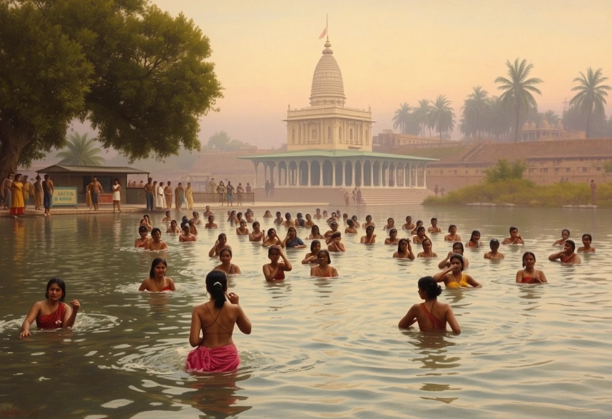 Large group of Indian women bathing in river with a temple in background, Art by Edwin Lord Weeks. - Image