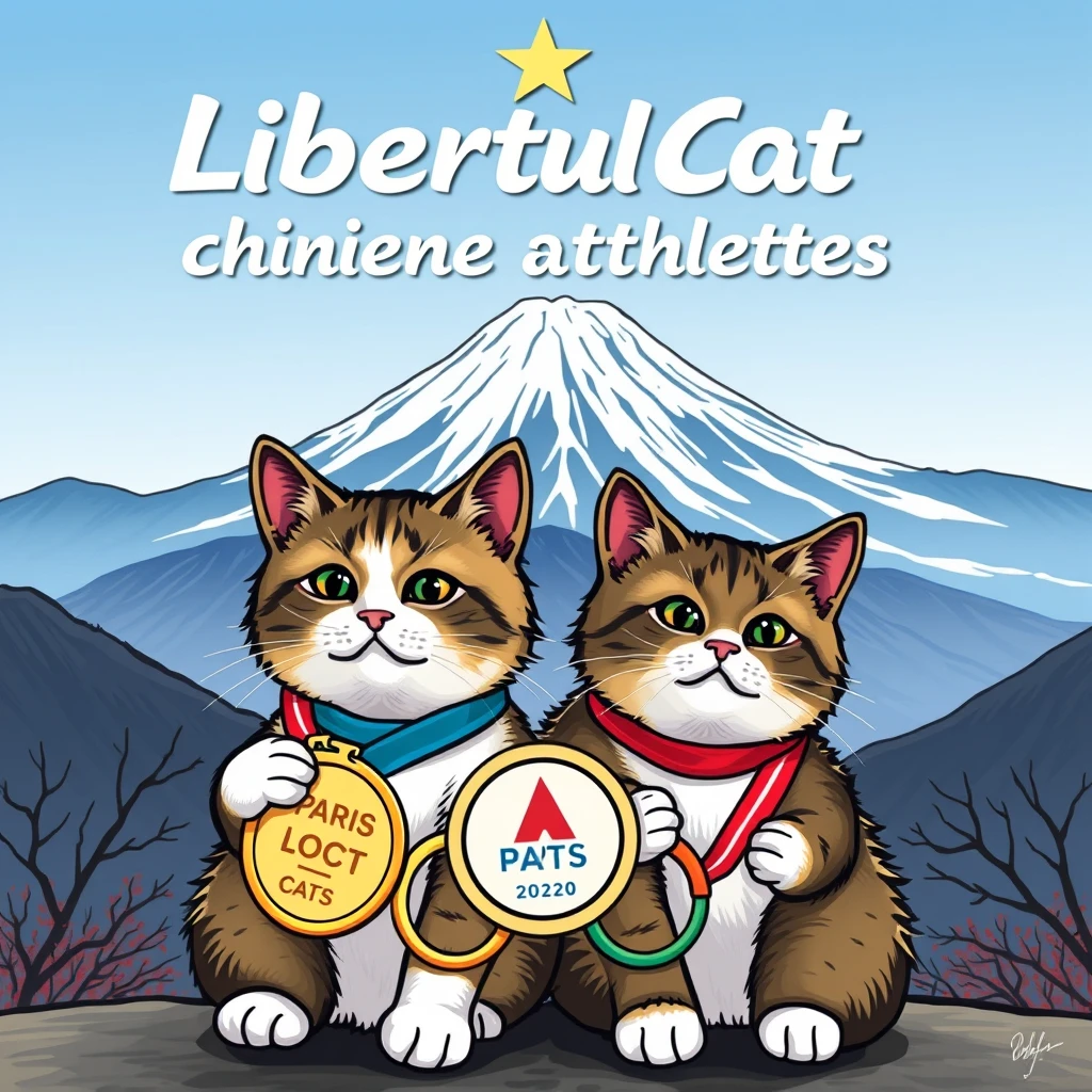 draw a pic with "Liberty Cats Congratulations chinese athletes " big text on the Mount Fuji backgroud,AND tow cats  in front it together , carring a Paris Olympic gold medal  logo with text "Liberty Cats"
