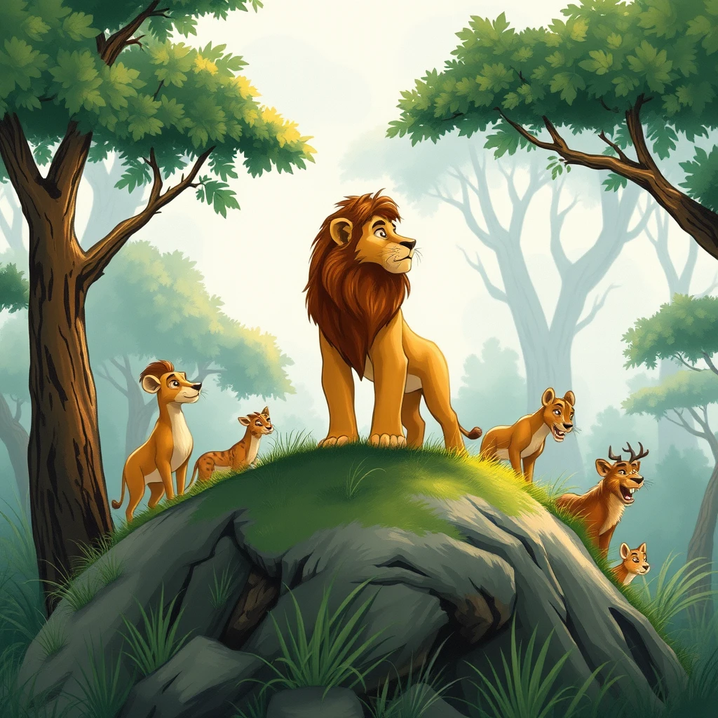 Leo the young lion stands on a hillock, gazing out at the forest animals with a look of resolve, ready to propose a solution to their predicament.