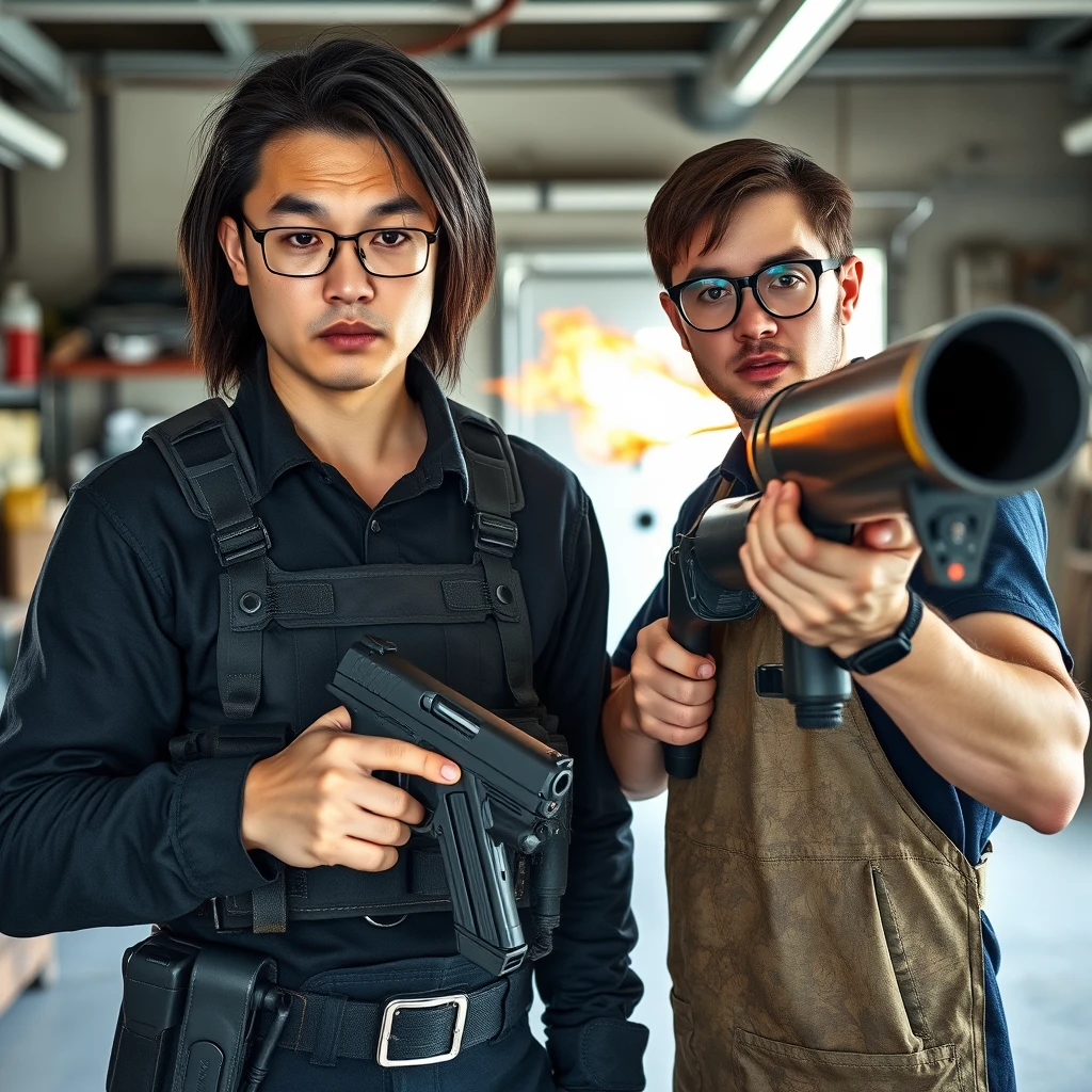 21-year-old white thin long-faced adult northern Chinese man with a square chin, wearing square glasses, holding a pistol, with medium/long length hair, tactical chest rig; 21-year-old Caucasian Italian man wearing round glasses and short hair, holding a very large fire extinguisher flamethrower, welding apron; garage setting; both angry. - Image