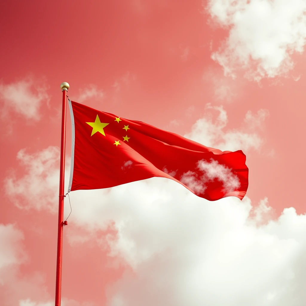 china flag,red sky,wind,white cloud