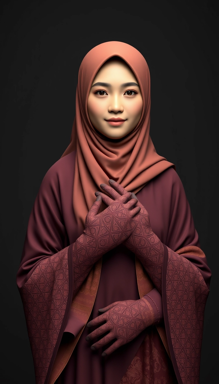 A 3D, 8k depiction of a Muslim woman from Palembang, wearing a traditional long songket and a long gown (gamis). She is adorned with a hijab that covers her chest and wears batik gloves covering her hands.