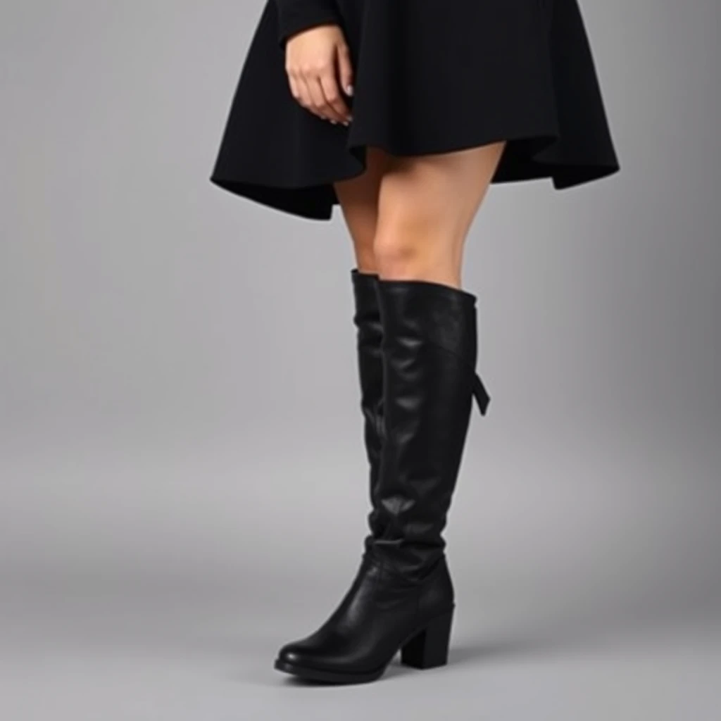 "A girl wearing black over-the-knee boots, real high definition."