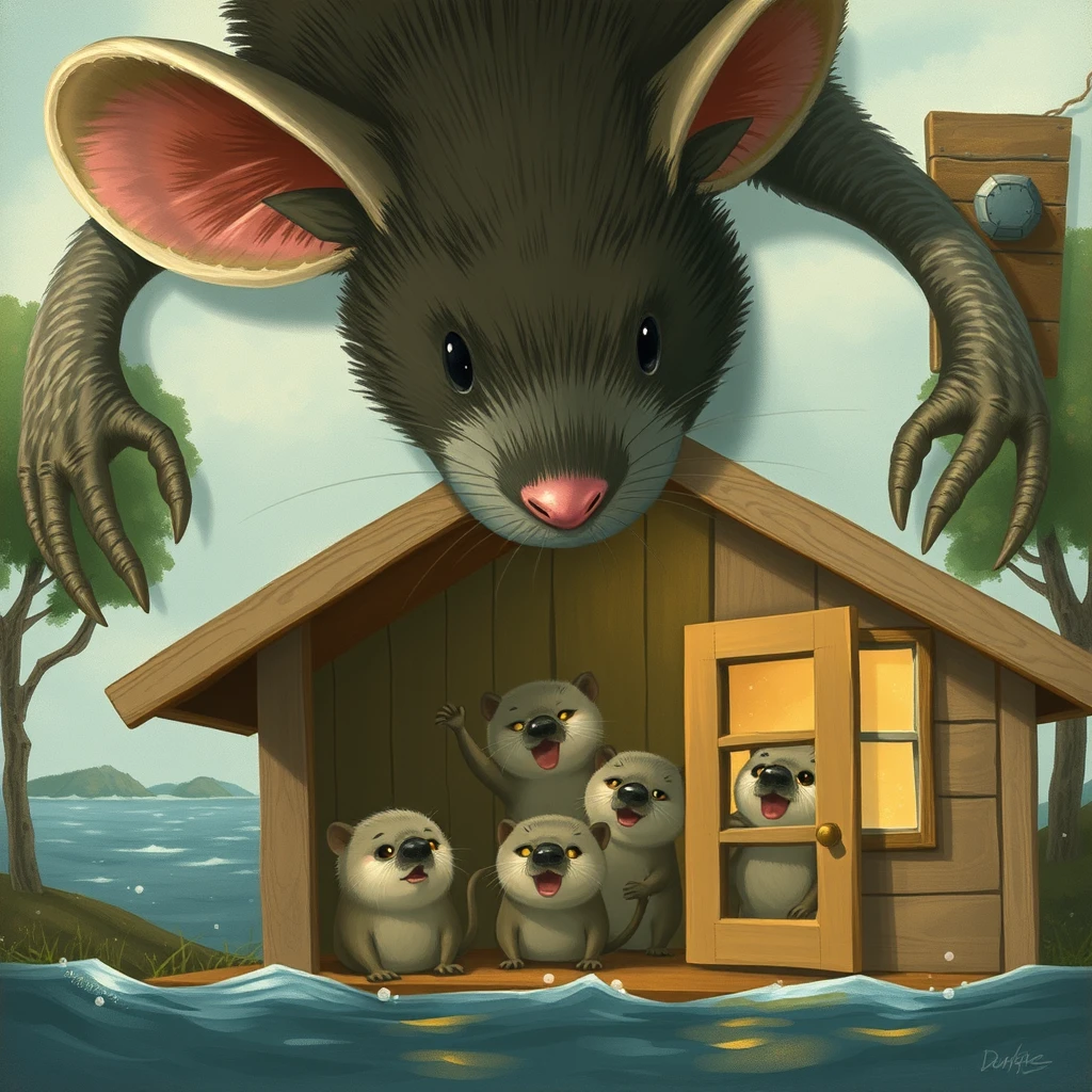 Realistic style, a giant mouse presses down on a house, the sea otters inside the house are startled. - Image