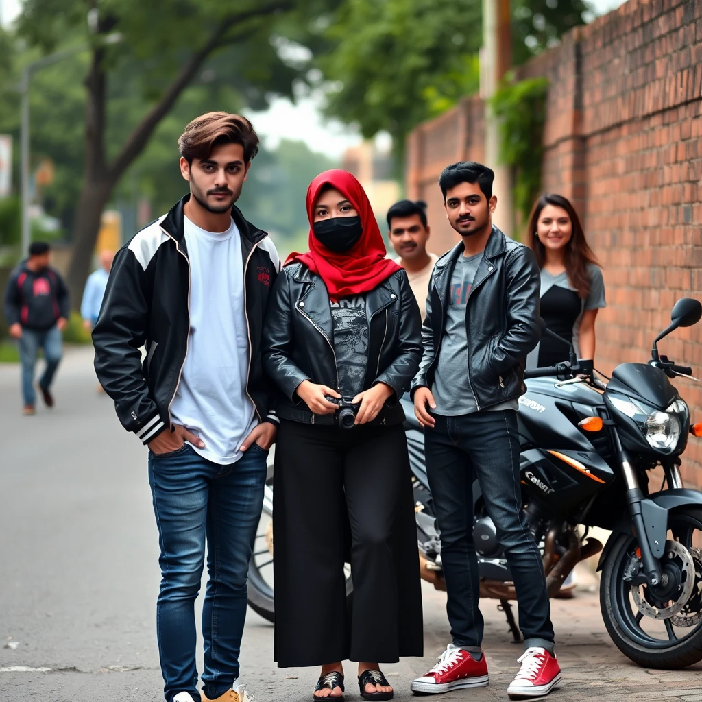 Jamie Dornan and Freddie Prinze, head and body shot, handsome, young, serious face, dark brown hair, white t-shirt, college jacket, skinny jeans, sneakers, standing, discussing with two guys and a short, slim Muslim girl wearing a red hijab, beautiful eyes, black face mask, black leather jacket, grey long t-shirt, bell-bottom cutting jeans, red sneakers, holding a Canon DSLR camera, near a town road, superbike, hyper realistic, street photography, brick wall, full body photo, 5 other random smiling friends in the background.