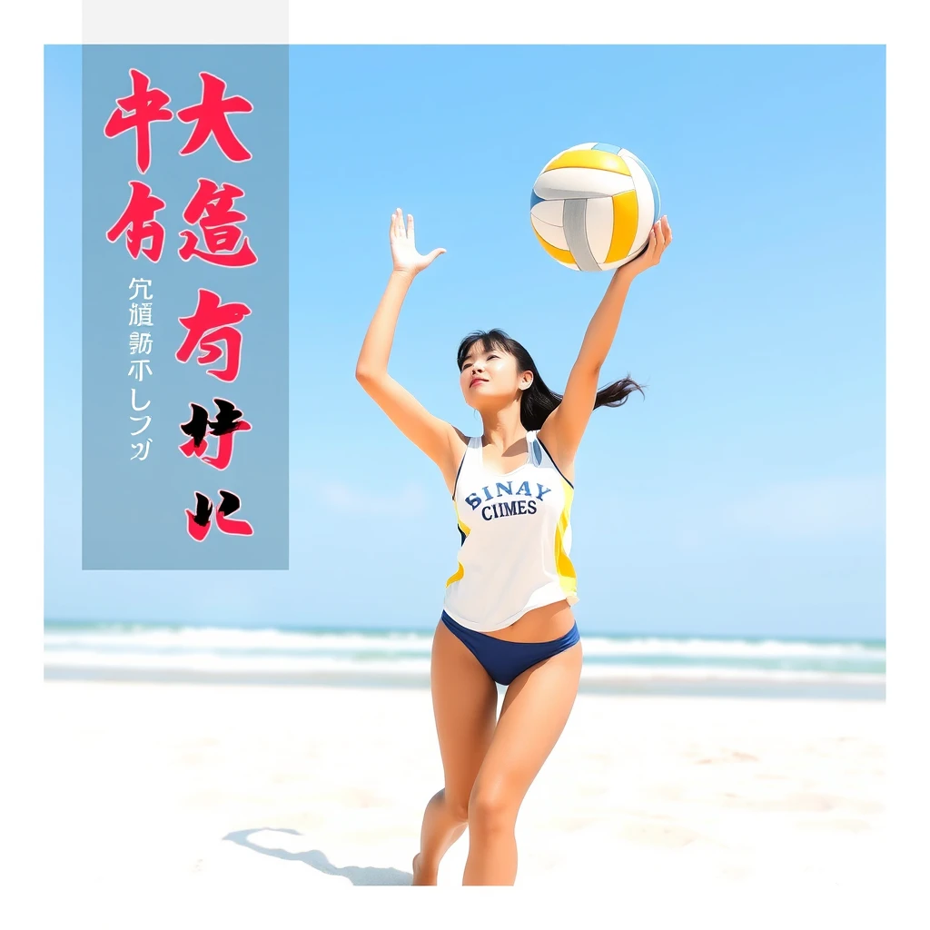 "A woman is playing beach volleyball, with Chinese characters or Japanese."