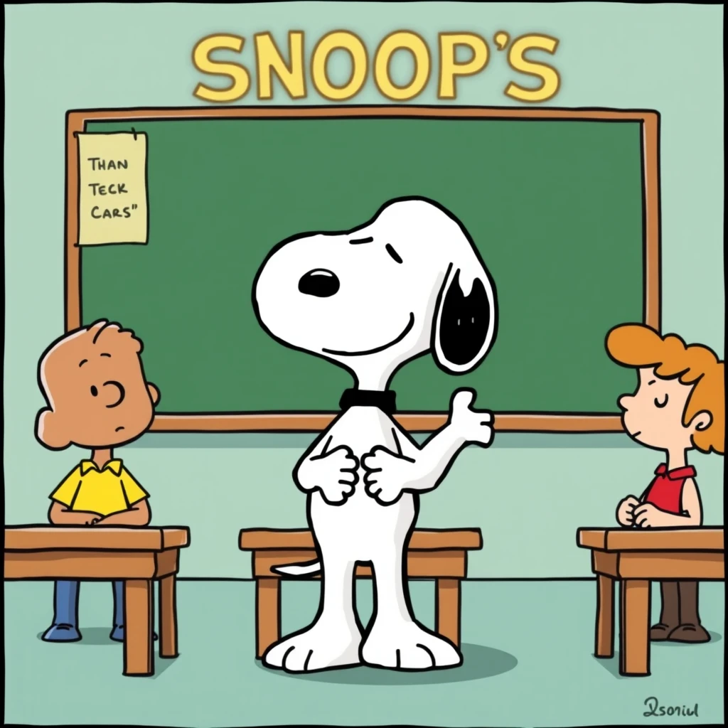 Comic: Snoopy as a teacher in front of the class.