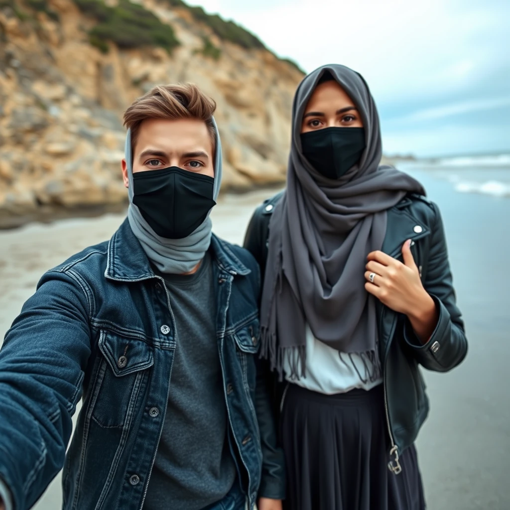 Jamie Dornan's head and body shot, handsome, black face mask, jeans jacket, jeans, dating the tallest Muslim girl in a grey hijab, beautiful eyes, black face mask, black leather jacket, largest skirt, at the beach, hyper-realistic, street photography, selfie. - Image