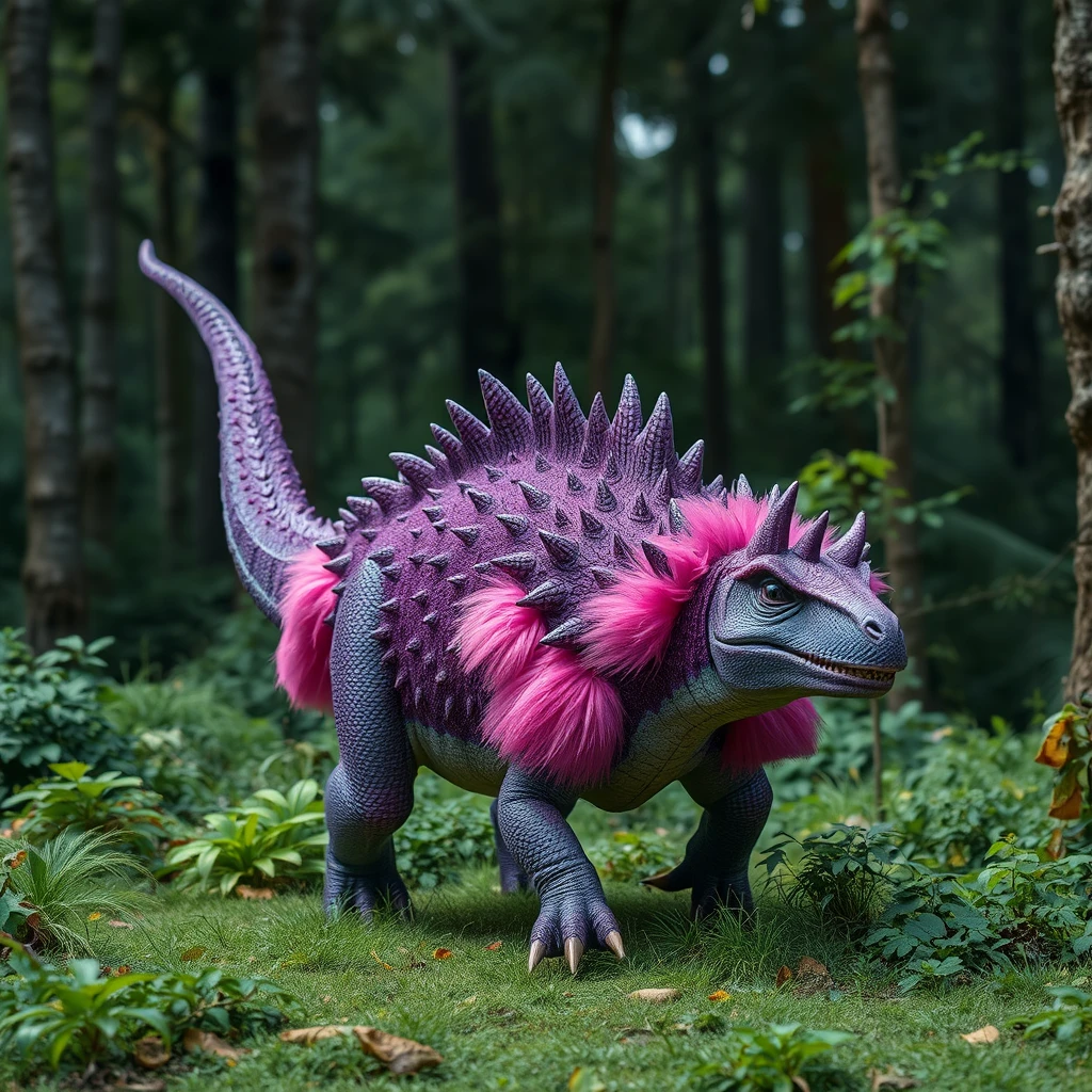 A hyper-realistic dinosaur covered in purple spikes with a frill of pink feathers roaming a lush forest and about to step on the camera. - Image