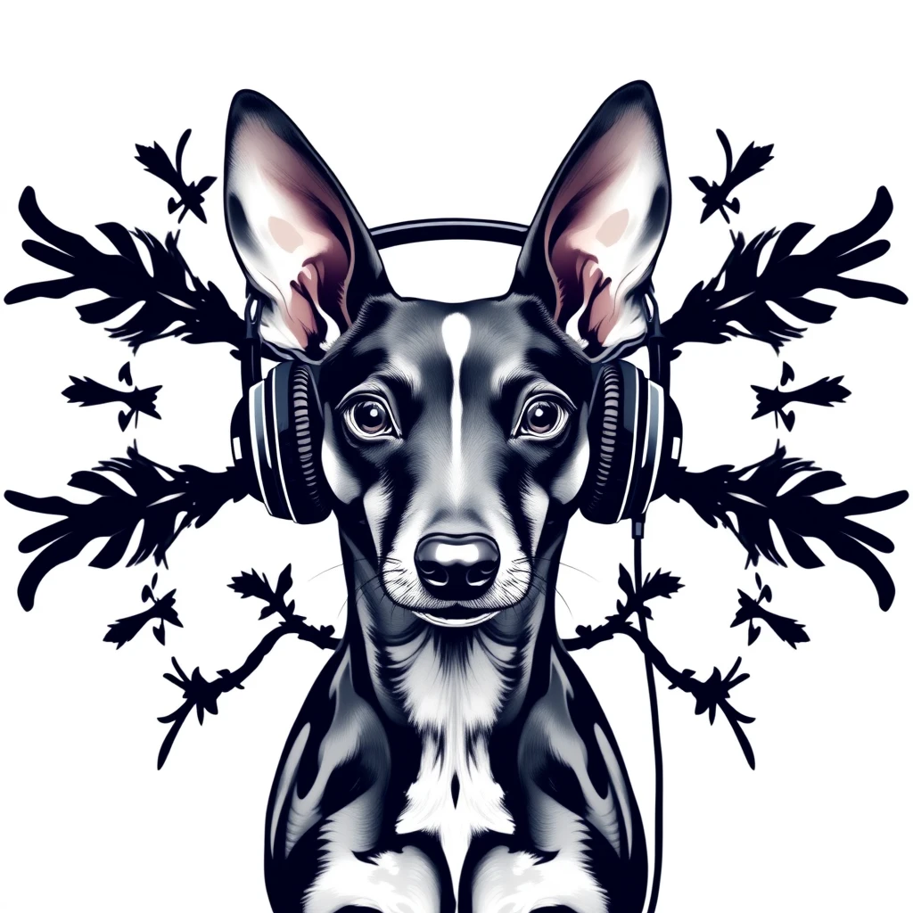 Whippet with headphones, Rorschach style, clean, simple, white background, professional tshirt design vector - Image