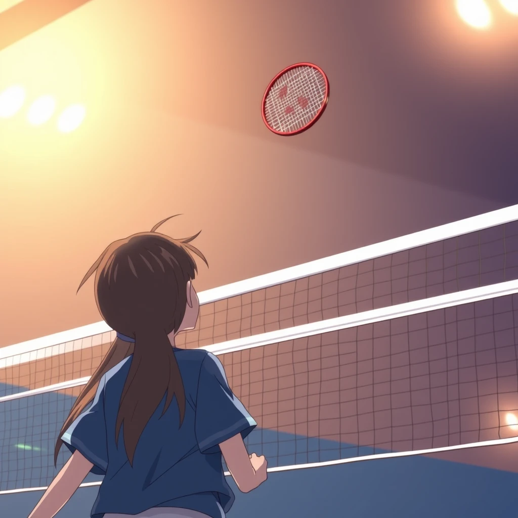 A girl jumps up with a badminton racket in her right hand to perform a smash at the net, back view, anime. - Image