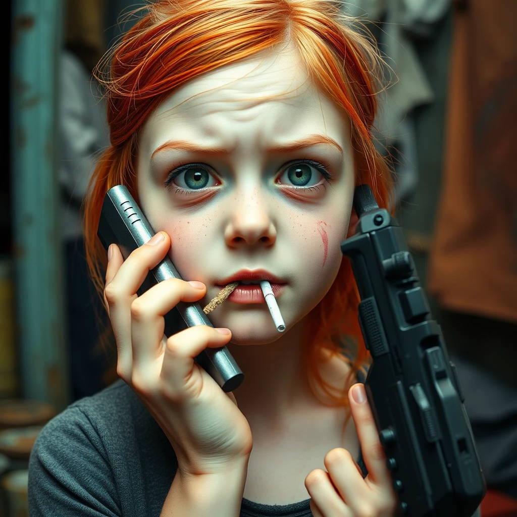 Annoying young girl with red hair, green eyes, short stature, eating disorder, under-eye bags, holding phone close to her face, bloodshot eyes, smoking, in a setting of poverty, holding a gun to her own head. - Image