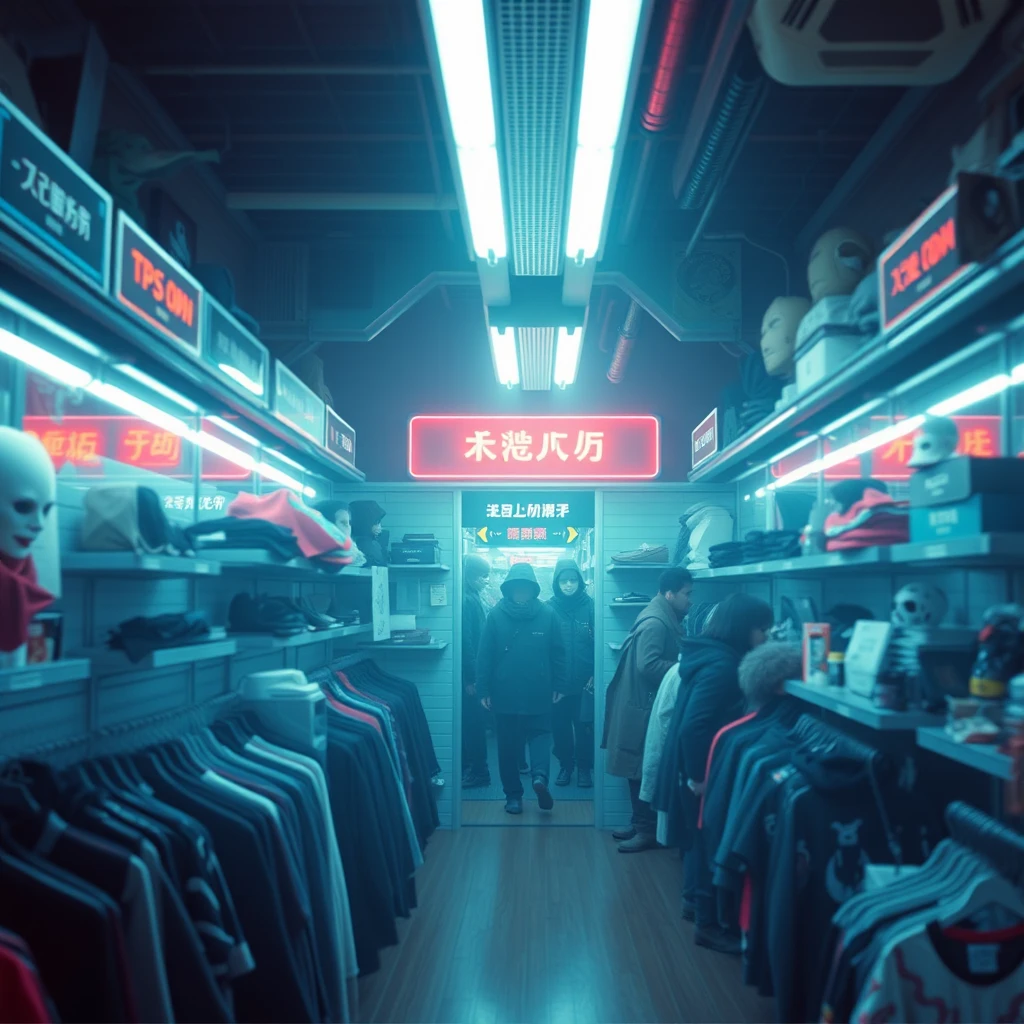 wear store, nobody, big inter room, bright surrounding, cyberpunk, - Image