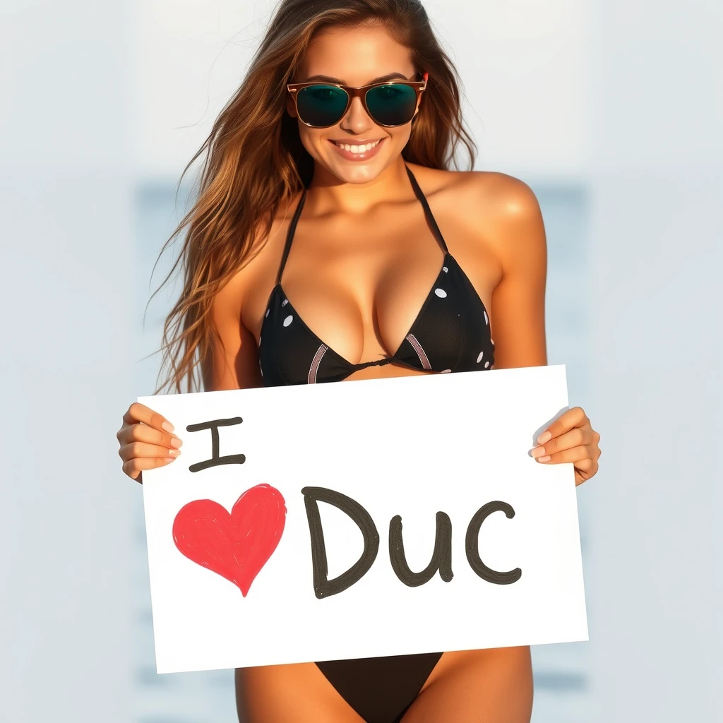 A young woman in a bikini holding a sign with the text "I love Duc".