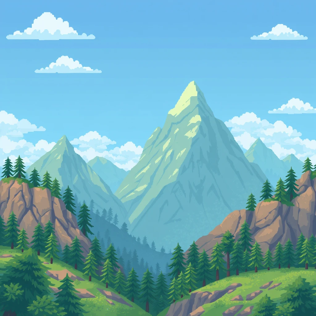 Mountain forests area, pixel art, 2D landscape game, scroll game, flat.