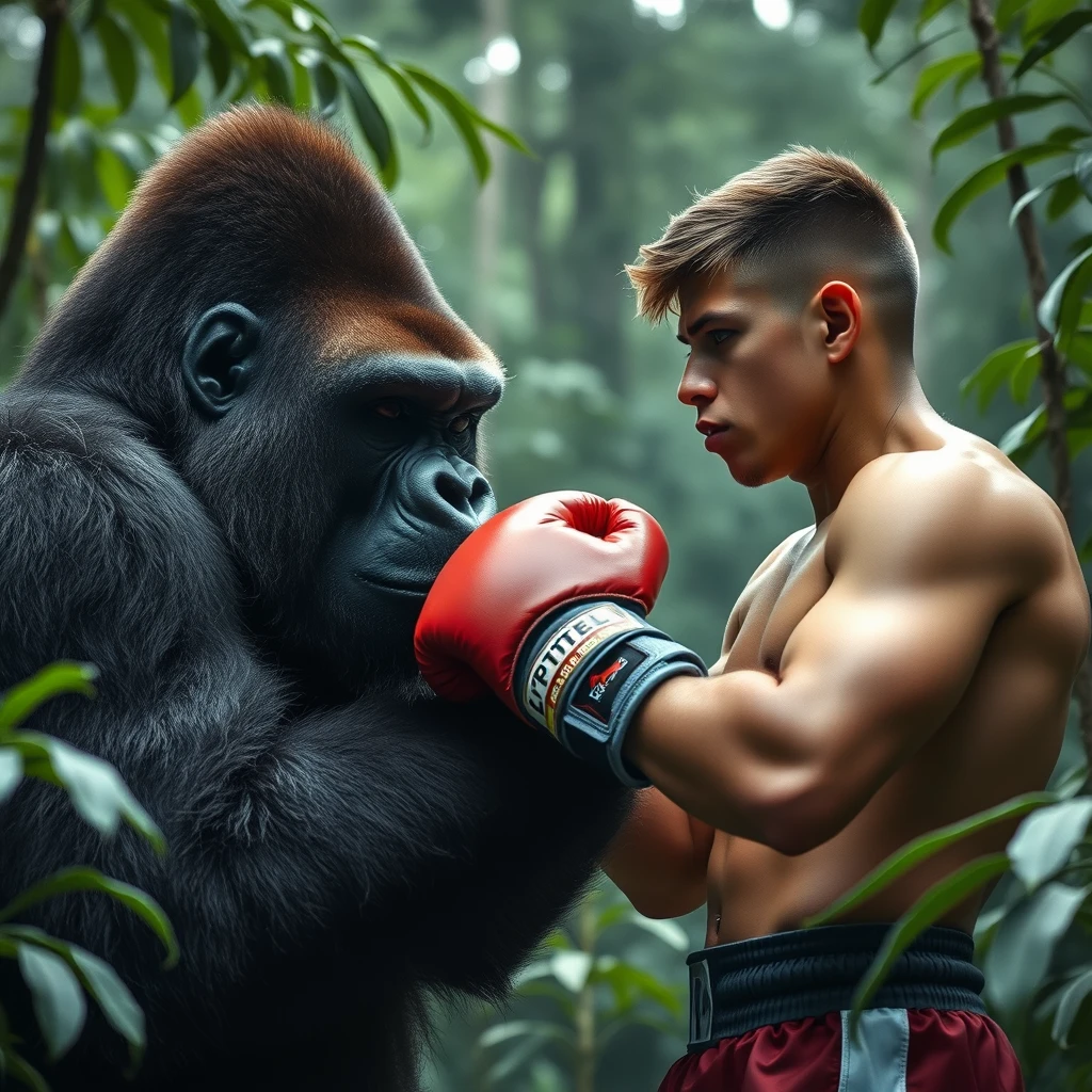 A 21-year-old boxer, 1.64m tall and weighing 54kg, facing a gorilla in the forest.