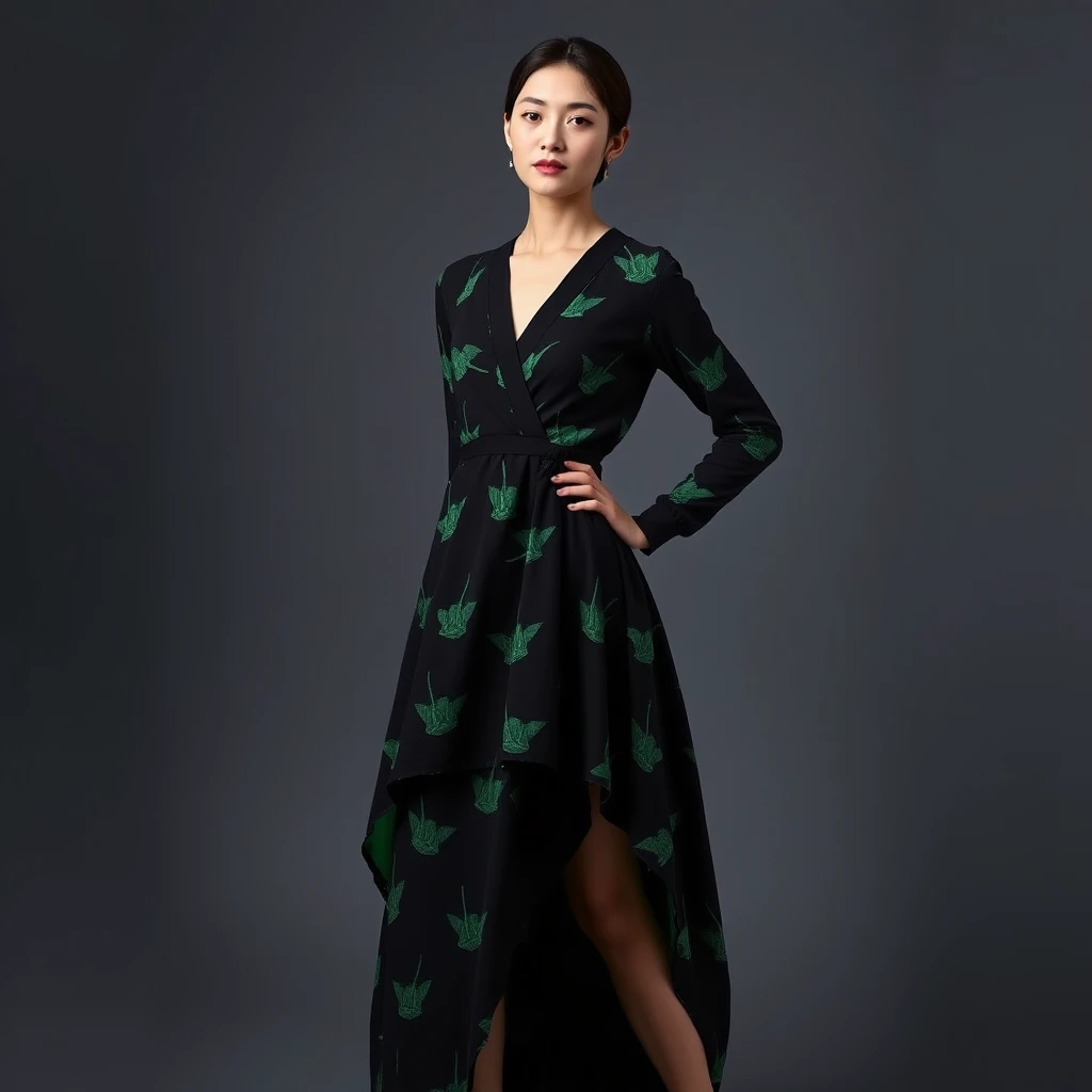 A Japanese model posing in a black and green cotton V-neck high-low dress, low in the front with a train, long sleeves, and an origami pattern, shot in the studio, studio shot, high fashion photography, in a photograph by Alasdair Mclellan.