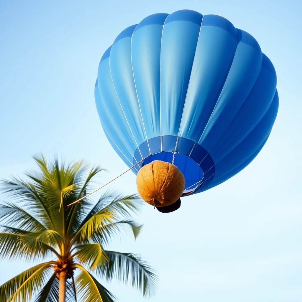 Blue hot air balloon. It flies into the sky, hanging from a short rope is a half coconut and a palm tree.