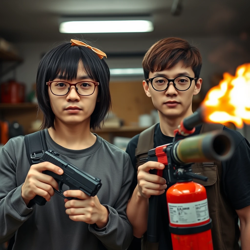 21-year-old white northern Chinese man wearing square glasses, with mid/long fringe black hair, holding a Glock; 21-year-old white Italian man wearing round glasses and brown short hair, holding a very large fire extinguisher flamethrower in a garage setting.