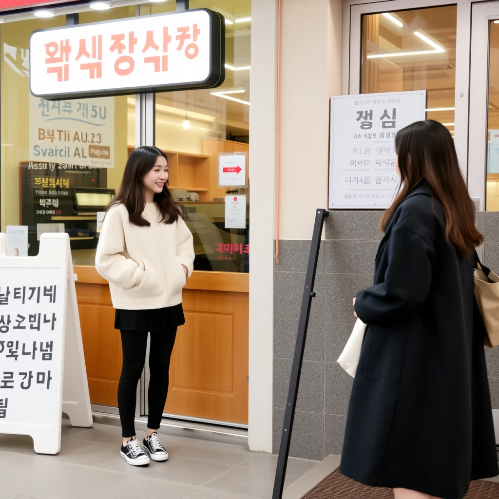 Two young women are chatting outside a restaurant, and their shoes are visible. There is a sign outside the restaurant, and the text on the sign can be clearly seen, which is in Korean.