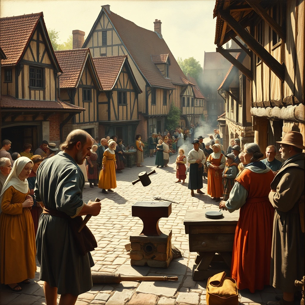 A bustling medieval village square centers around the blacksmith's open-air workshop. The blacksmith, seen in profile, hammers rhythmically on an anvil. Painted in the style of Pieter Bruegel the Elder, with a vast depth of field and minutely detailed background activities. Villagers in vibrant period attire gather to watch or conduct business. The composition follows the golden ratio, with the blacksmith positioned at a focal point. Warm afternoon light bathes the scene, casting long shadows and highlighting the smoke rising from the forge.