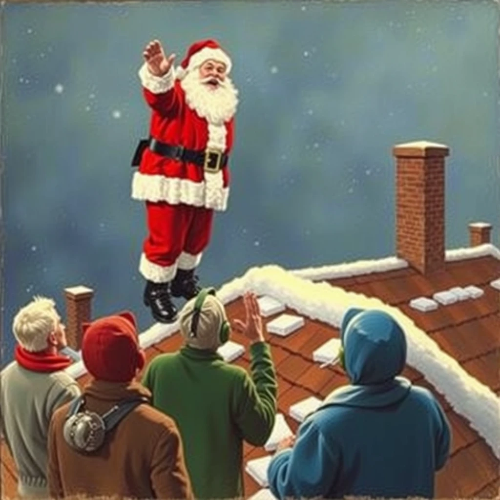 Santa is yelling at people from high on a roof, a painting by Arthur Sarnoff 1952.