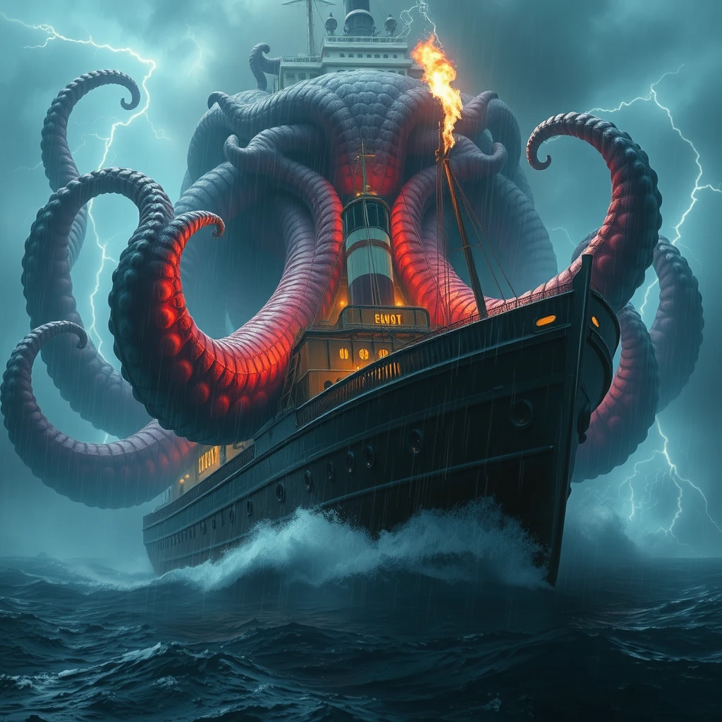 A huge steamboat carries a huge horrifying Cthulhu towards the camera, with wind, rain, thunder and lightning - Image