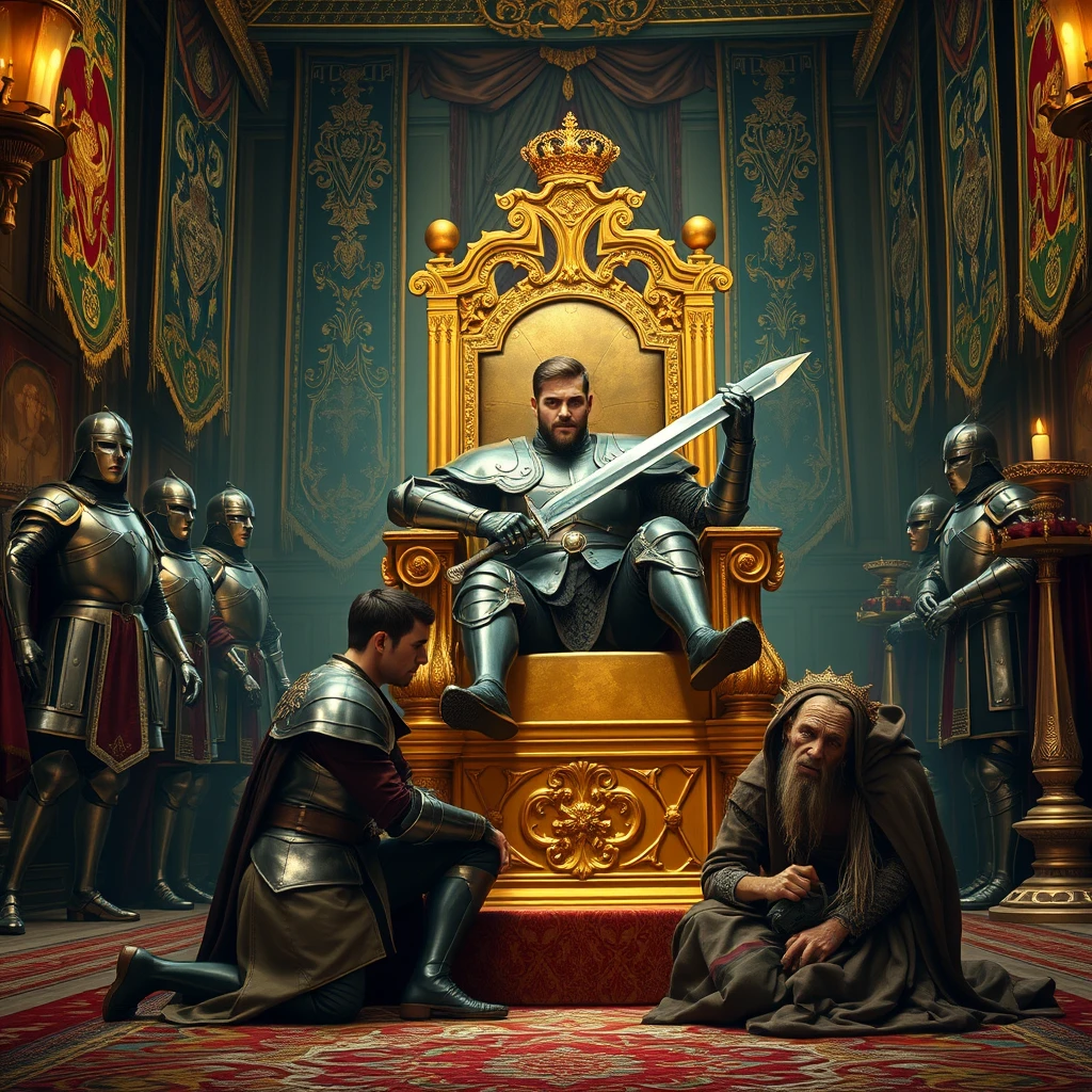 [Scene] A dramatically lit, richly detailed photograph depicting the opulent interior of a medieval European palace. Gleaming suits of armor, intricate tapestries, and banners adorn the hall, culminating in a majestic golden throne positioned on a raised dais.  
[Characters] A handsome, powerfully built usurper in meticulously crafted plate armor, his face bearing the scars of battle yet retaining a rugged handsomeness. He exudes an air of dominance and ruthlessness. The deposed king, a frail, broken figure clad in tattered remnants of his once-regal robes, his face etched with despair.  
[Pose of Characters] The usurper sits sprawled upon the golden throne, one leg casually draped over the armrest, his hand resting upon the pommel of a large, ornate sword. His posture is arrogant and commanding, his head held high with a cold, triumphant gaze. The deposed king kneels abjectly at the foot of the throne, his head bowed low as he presses his lips against the usurper's armored boot in a gesture of forced submission. - Image