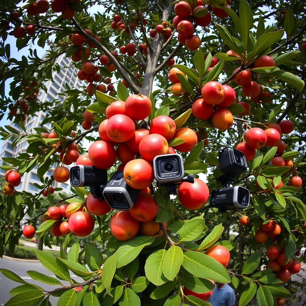 A tall tree with fruits that are GoPro cameras. The background is an urban environment. - Image