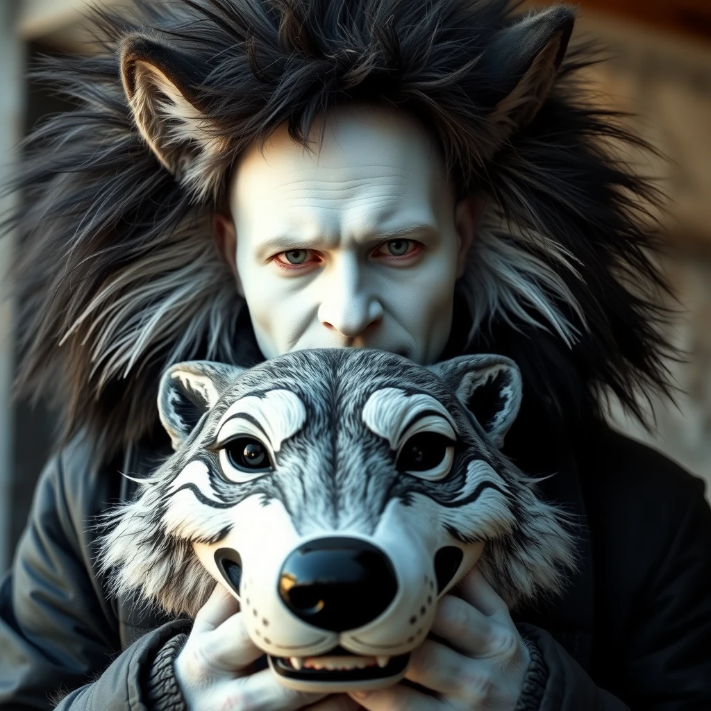 White skinhead man holding wolf fursuit head.