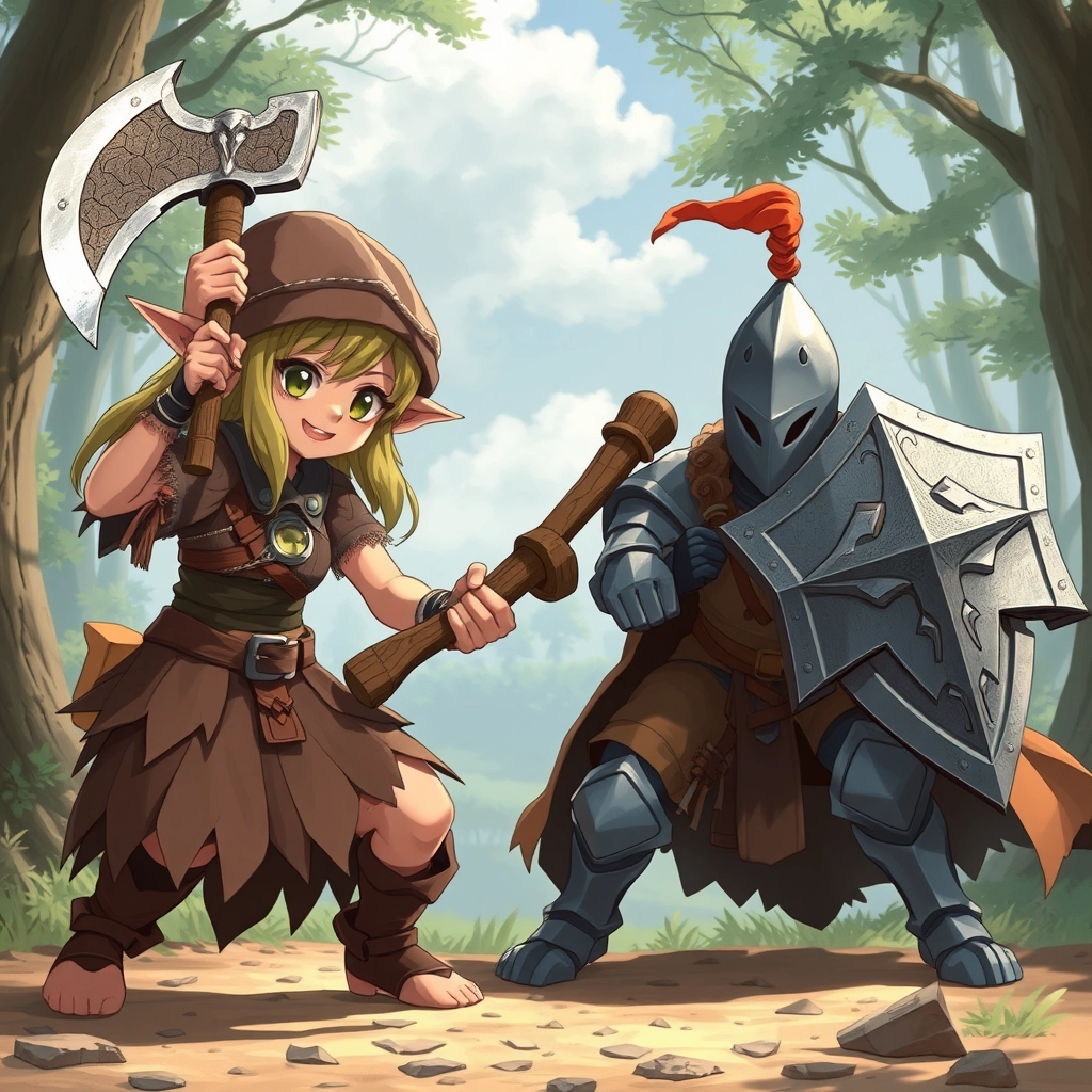 A pretty beautiful goblin girl in wooden attire uses an axe to fight a human female knight. In anime style.