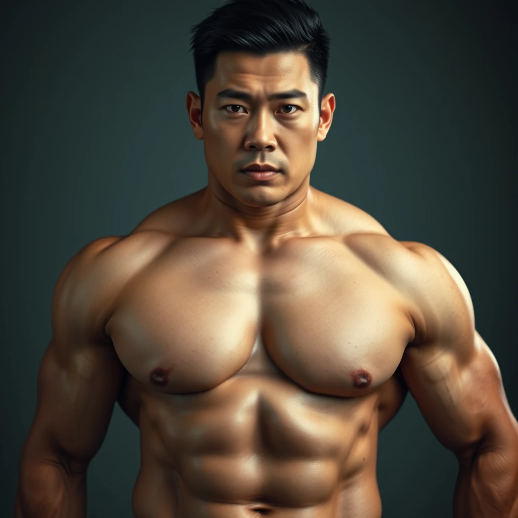 A half body portrait of a muscular, beefy Asian male, HD, 32k UHD, real, thick chest. - Image