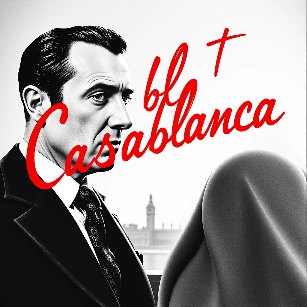 A photorealistic black and white movie poster for the film Casablanca starring Humphrey Bogart and Ingrid Bergman, with the film title in a red handwritten font.