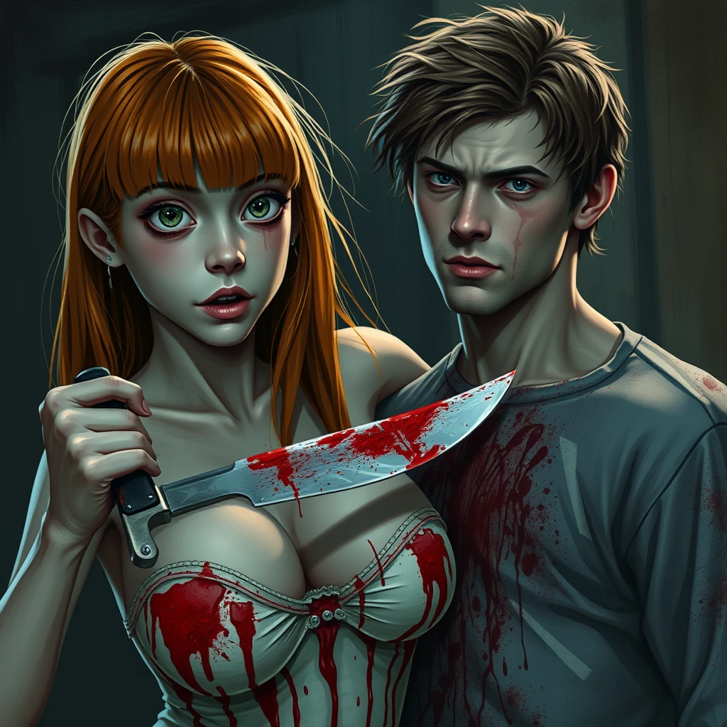 A horror scene; a short, skinny teenage girl with long ginger hair and bangs, green eyes, and large breasts, holding a knife while cutting a tall young white guy with brunette hair and dark eyes, covered in blood.