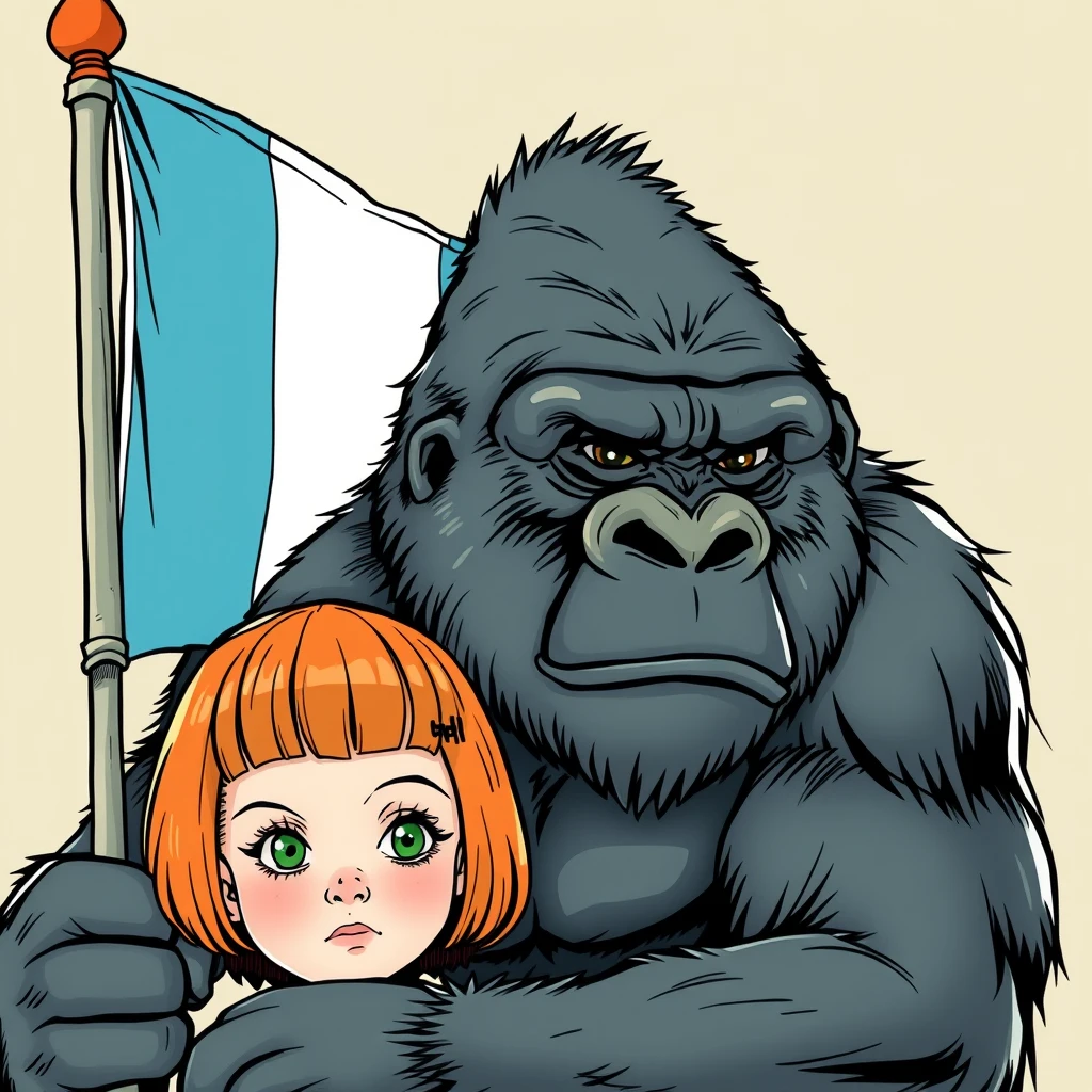 Fierce gorilla holding a three-stripe flag colored light blue, white, and light blue next to a cute ginger-haired teenage girl with green eyes and bangs, in an old comic style. - Image